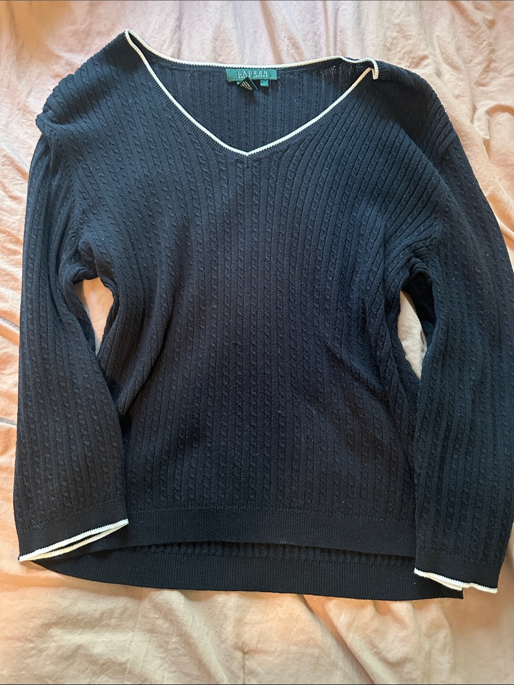 Lauren Ralph Lauren Black V-Neck Cable-Knit Sweater with White Trim
